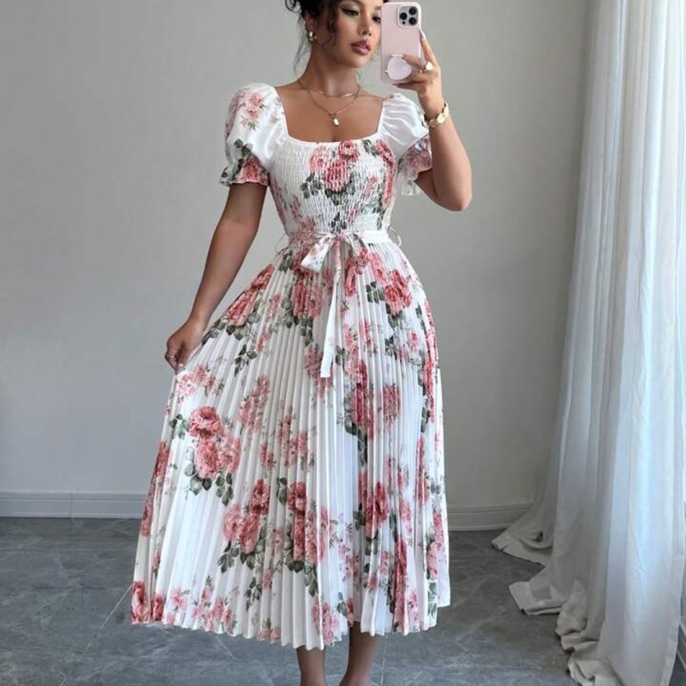 Fashion Nova White and Pink Floral Midi Dress